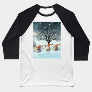 Scandinavian gnomes walking on snow hills with vintage lanterns. Fantasy watercolor illustration. Winter night forest. Moon night snowy landscape Baseball T-Shirt